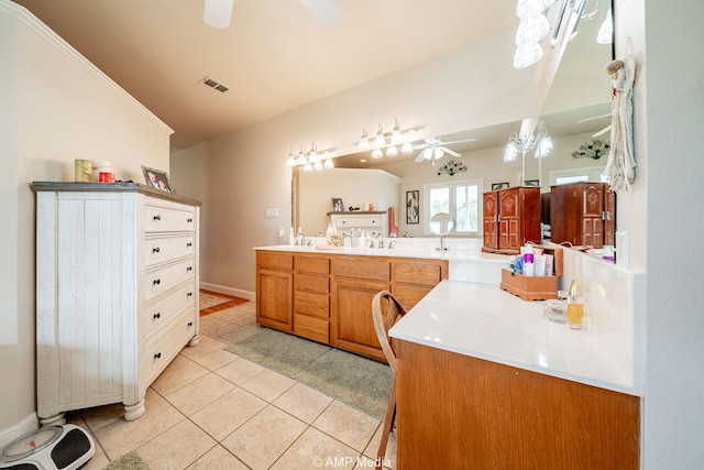 1302 County Road 142, Ovalo, TX 79541 - bathroom featuring a ceiling fan, tile patterned flooring, and double vanity