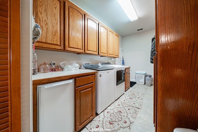 1302 County Road 142, Ovalo, TX 79541 - laundry area featuring washing machine and dryer, cabinet space, and light tile patterned flooring