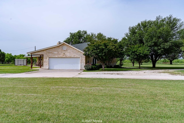 1302 County Road 142, Ovalo, TX 79541 - view of front of property with stone siding, driveway, a front lawn, a garage, and a chimney