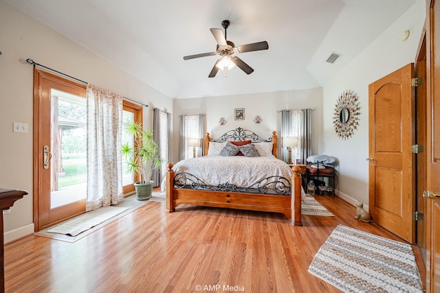 1302 County Road 142, Ovalo, TX 79541 - bedroom featuring lofted ceiling, access to exterior, light wood finished floors, baseboards, and ceiling fan