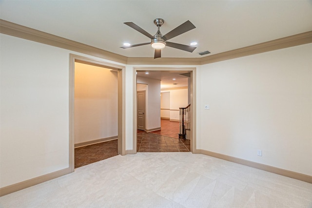 15097 Blakehill Dr, Frisco, TX 75035 - carpeted spare room featuring a ceiling fan, recessed lighting, baseboards, and ornamental molding