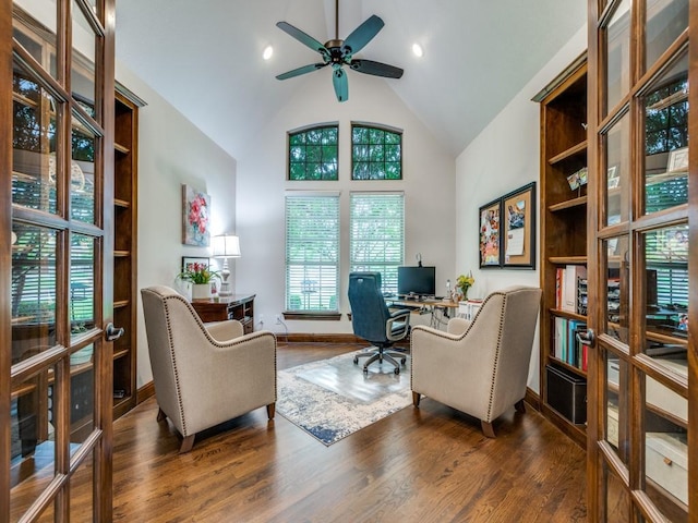 1141 Saint Peter Ln, Prosper, TX 75078 - office space featuring ceiling fan, high vaulted ceiling, wood finished floors, and french doors