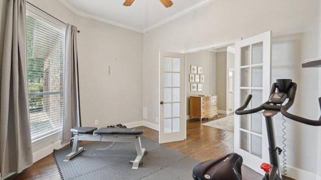 6000 Windridge Ln, Flower Mound, TX 75028 - workout room featuring french doors, crown molding, wood finished floors, a ceiling fan, and baseboards