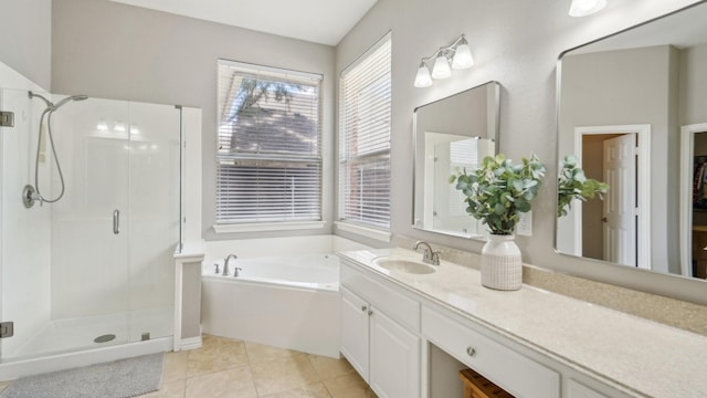 6000 Windridge Ln, Flower Mound, TX 75028 - bathroom with a stall shower, a bath, vanity, and tile patterned flooring