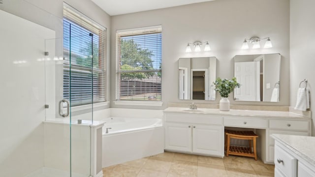 6000 Windridge Ln, Flower Mound, TX 75028 - full bathroom featuring a shower stall, vanity, a bath, and tile patterned flooring