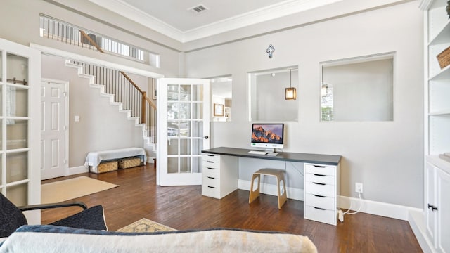 6000 Windridge Ln, Flower Mound, TX 75028 - office space with ornamental molding, wood finished floors, baseboards, and healthy amount of natural light