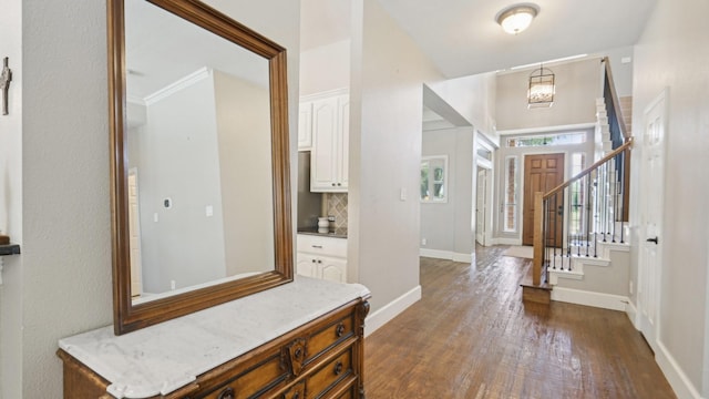6000 Windridge Ln, Flower Mound, TX 75028 - entrance foyer featuring dark wood-style flooring, stairway, and baseboards