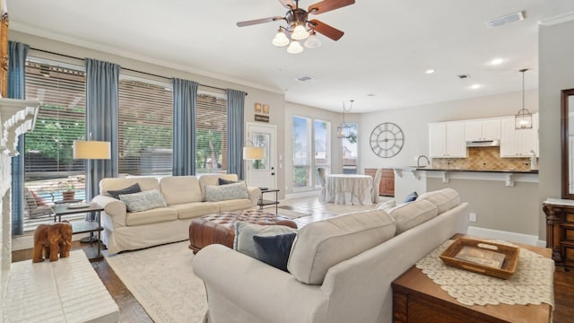 6000 Windridge Ln, Flower Mound, TX 75028 - living area featuring a ceiling fan, recessed lighting, dark wood finished floors, and baseboards