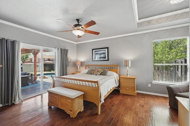 6600 Stewart Blvd, The Colony, TX 75056 - bedroom featuring access to exterior, baseboards, dark wood-style flooring, ornamental molding, and a ceiling fan
