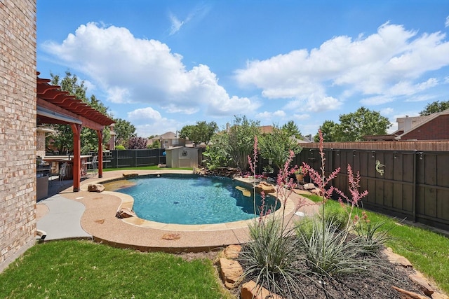 6600 Stewart Blvd, The Colony, TX 75056 - view of pool with a fenced backyard, a patio, and a shed