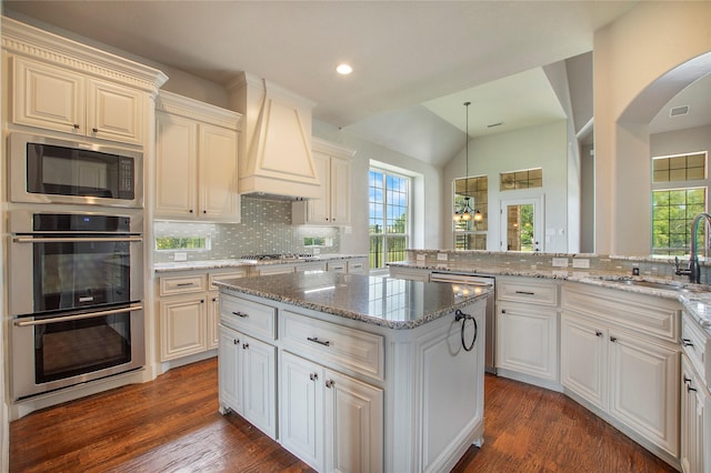 188 Las Colinas Trl, Cross Roads, TX 76227 - kitchen featuring stainless steel appliances, a sink, custom exhaust hood, light stone countertops, and dark wood-type flooring