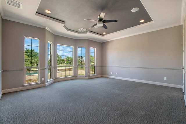 188 Las Colinas Trl, Cross Roads, TX 76227 - carpeted empty room with a tray ceiling, a ceiling fan, baseboards, recessed lighting, and crown molding