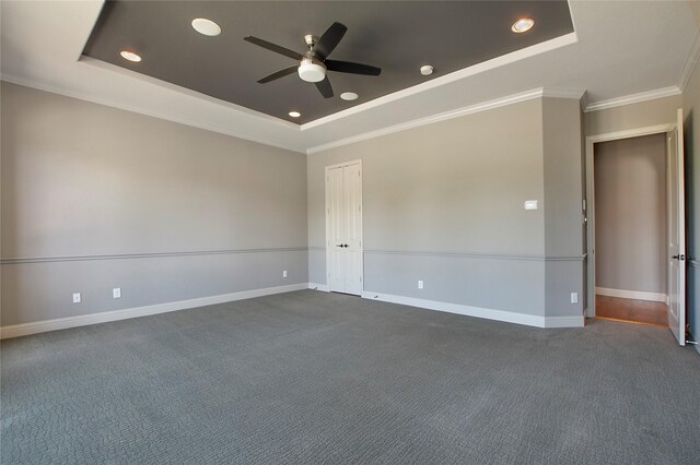 188 Las Colinas Trl, Cross Roads, TX 76227 - unfurnished room featuring a tray ceiling, ceiling fan, ornamental molding, dark colored carpet, and recessed lighting