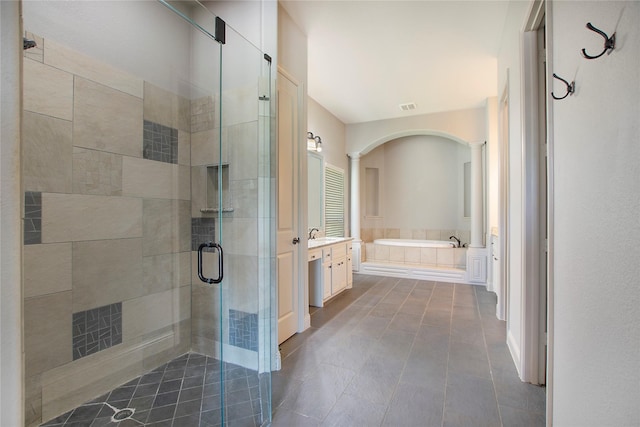 188 Las Colinas Trl, Cross Roads, TX 76227 - full bathroom with a garden tub, a stall shower, vanity, decorative columns, and tile patterned flooring