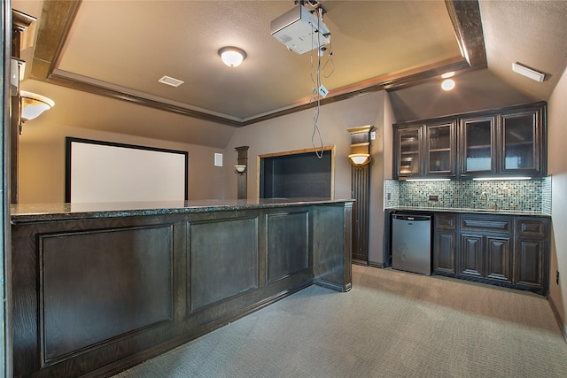 188 Las Colinas Trl, Cross Roads, TX 76227 - cinema room with light carpet, lofted ceiling, a textured ceiling, and ornamental molding