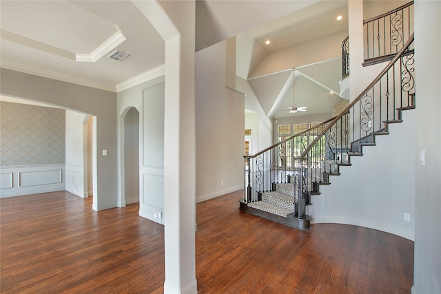 188 Las Colinas Trl, Cross Roads, TX 76227 - staircase with arched walkways, wood finished floors, ceiling fan, ornamental molding, and recessed lighting