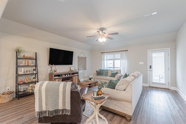 816 Kinghaven Dr, Little Elm, TX 75068 - living area featuring light wood-type flooring, a ceiling fan, and baseboards