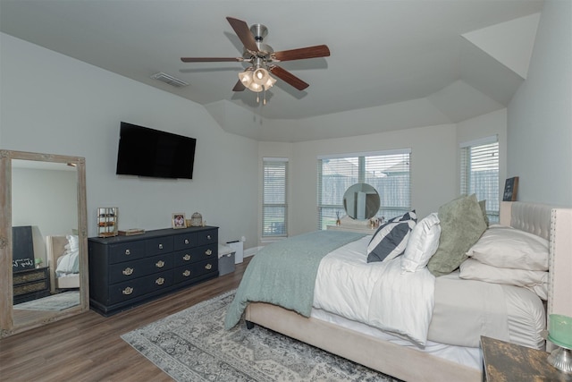 816 Kinghaven Dr, Little Elm, TX 75068 - bedroom with wood finished floors, ceiling fan, lofted ceiling, and baseboards