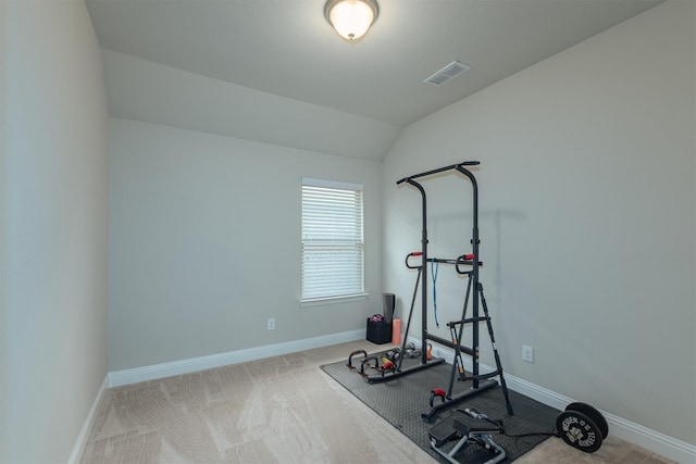 816 Kinghaven Dr, Little Elm, TX 75068 - exercise room with baseboards, carpet floors, and lofted ceiling