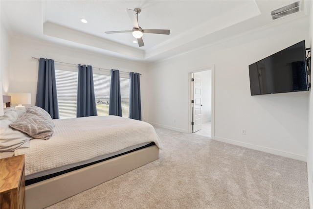 959 County Road 1300, Bridgeport, TX 76426 - carpeted bedroom featuring a tray ceiling, crown molding, recessed lighting, baseboards, and ceiling fan