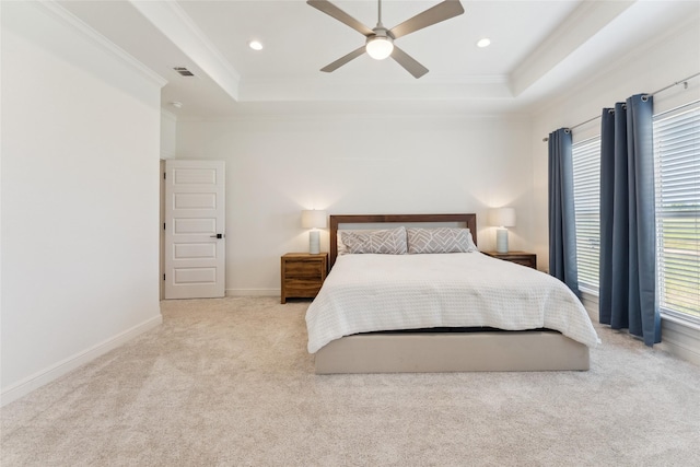 959 County Road 1300, Bridgeport, TX 76426 - bedroom featuring a raised ceiling, crown molding, carpet floors, recessed lighting, and ceiling fan