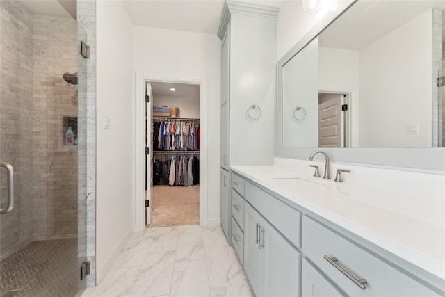 959 County Road 1300, Bridgeport, TX 76426 - bathroom featuring a stall shower, marble look tile flooring, vanity, a walk in closet, and baseboards