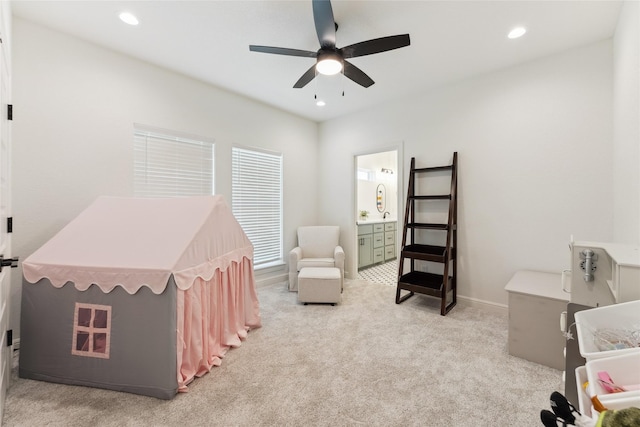 959 County Road 1300, Bridgeport, TX 76426 - bedroom featuring light colored carpet, recessed lighting, ceiling fan, ensuite bath, and baseboards