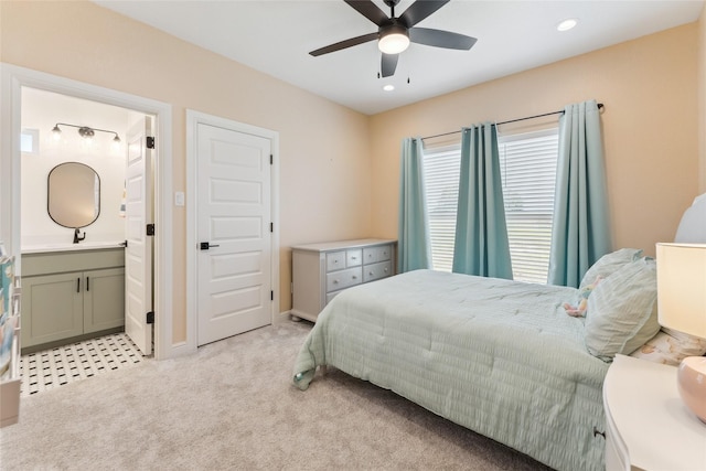 959 County Road 1300, Bridgeport, TX 76426 - bedroom featuring light colored carpet, ensuite bathroom, recessed lighting, ceiling fan, and baseboards