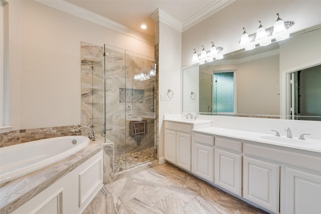 2132 Portwood Way, Fort Worth, TX 76179 - bathroom with a shower stall, crown molding, a bath, marble finish floors, and double vanity