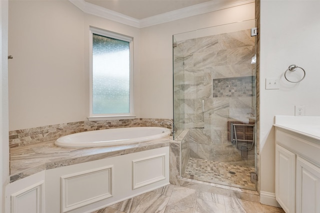 2132 Portwood Way, Fort Worth, TX 76179 - bathroom featuring a bath, marble look tile flooring, a stall shower, vanity, and ornamental molding