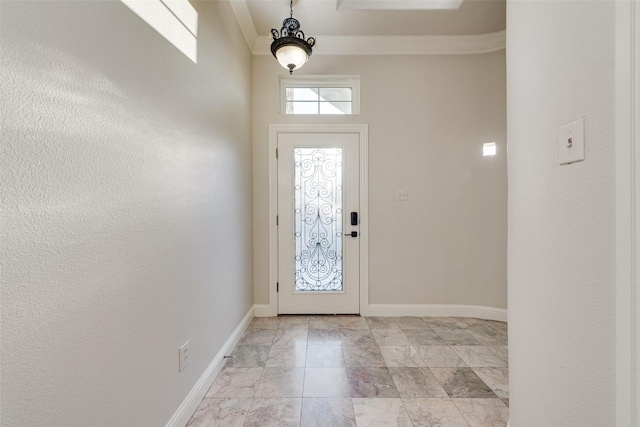 2132 Portwood Way, Fort Worth, TX 76179 - foyer featuring light marble finish floors, baseboards, and ornamental molding