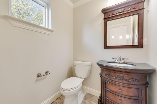 2132 Portwood Way, Fort Worth, TX 76179 - bathroom featuring baseboards, crown molding, toilet, vanity, and marble look tiles