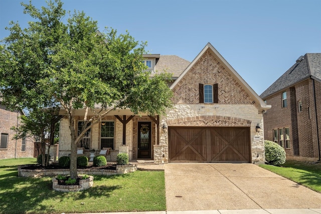 2886 Nottingham Dr, Trophy Club, TX 76262 - view of front of home with stone siding, covered porch, concrete driveway, a front lawn, and an attached garage
