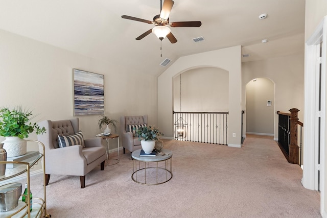 2886 Nottingham Dr, Trophy Club, TX 76262 - sitting room featuring a ceiling fan, carpet flooring, arched walkways, lofted ceiling, and baseboards