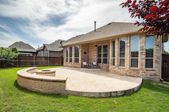 2886 Nottingham Dr, Trophy Club, TX 76262 - rear view of property featuring brick siding, a fire pit, a patio area, and roof with shingles