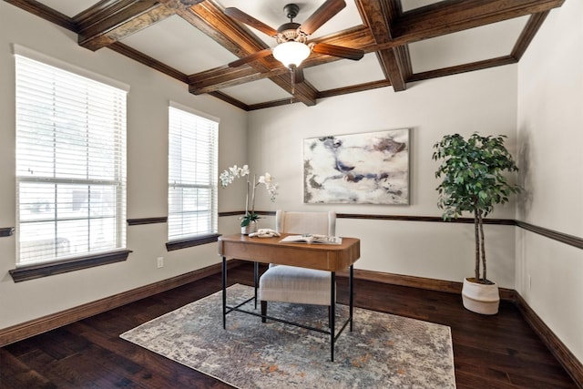 2886 Nottingham Dr, Trophy Club, TX 76262 - office with baseboards, ceiling fan, wood finished floors, coffered ceiling, and beam ceiling