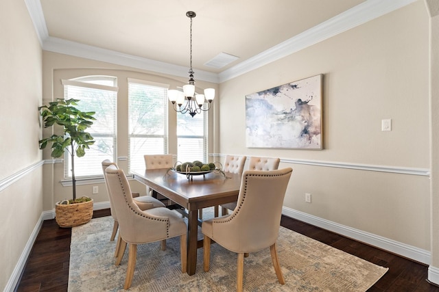2886 Nottingham Dr, Trophy Club, TX 76262 - dining space featuring a chandelier, dark wood-style floors, baseboards, and ornamental molding
