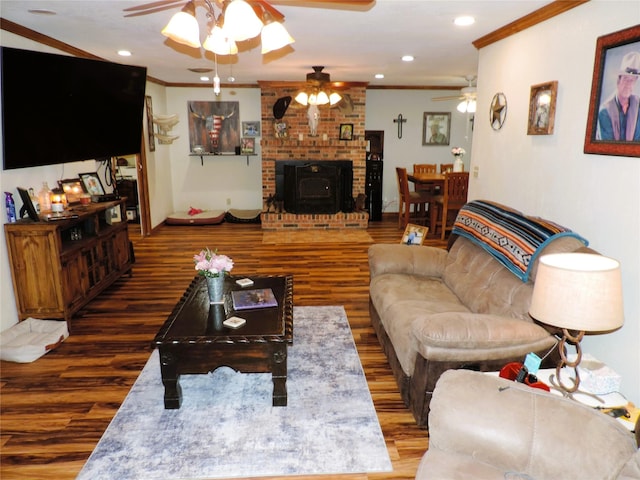 1630 County Road 3239, Hico, TX 76457 - living room with ceiling fan, wood finished floors, crown molding, and recessed lighting