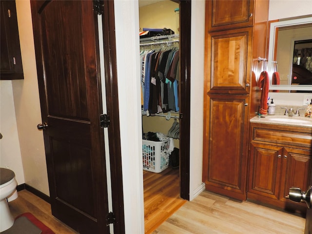 1630 County Road 3239, Hico, TX 76457 - bathroom featuring wood finished floors, vanity, toilet, and a walk in closet
