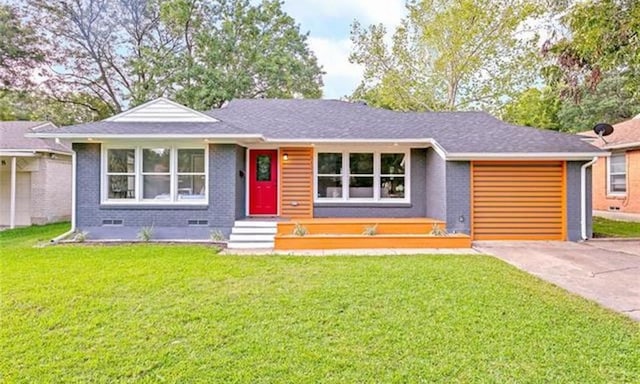 3124 Crest Ridge Dr, Dallas, TX 75228 - ranch-style house featuring brick siding, driveway, a garage, a front yard, and crawl space