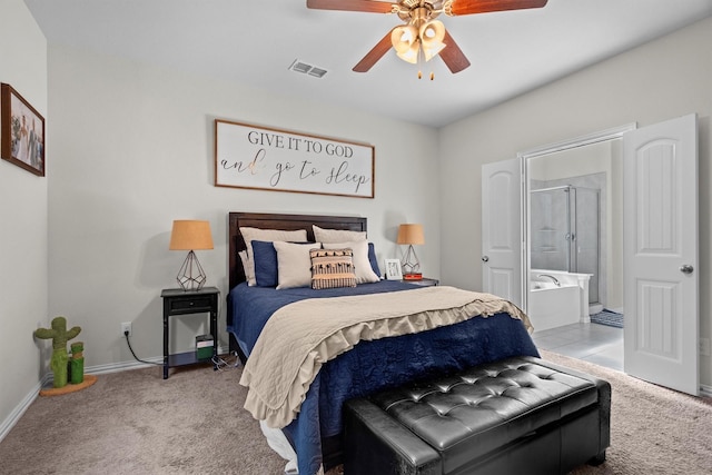 501 Bird Creek Dr, Little Elm, TX 75068 - bedroom featuring carpet, baseboards, a ceiling fan, and ensuite bath