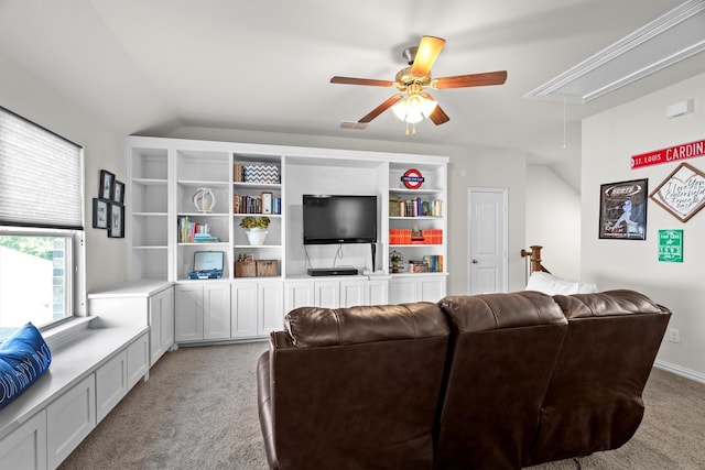 501 Bird Creek Dr, Little Elm, TX 75068 - living room featuring attic access, light carpet, and a ceiling fan