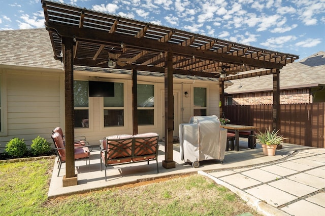 501 Bird Creek Dr, Little Elm, TX 75068 - view of patio / terrace featuring a pergola, an outdoor hangout area, fence, and ceiling fan