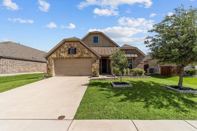 2817 Acacia Ln, Melissa, TX 75454 - view of front of house with stone siding, a garage, concrete driveway, board and batten siding, and central AC unit