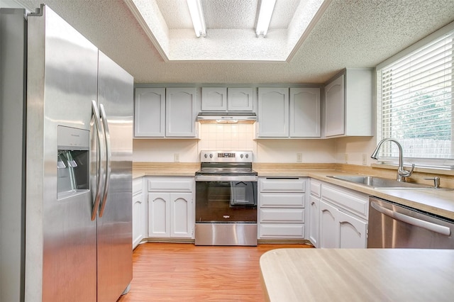 6436 Meadowlark Ln E, Watauga, TX 76148 - kitchen featuring stainless steel appliances, a sink, light wood finished floors, light countertops, and under cabinet range hood
