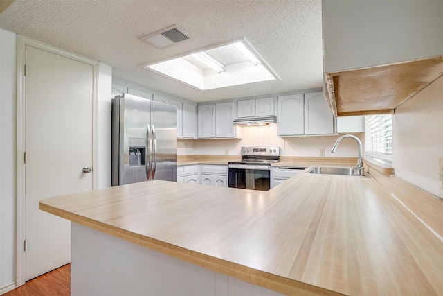 6436 Meadowlark Ln E, Watauga, TX 76148 - kitchen with stainless steel appliances, a sink, a textured ceiling, a peninsula, and under cabinet range hood