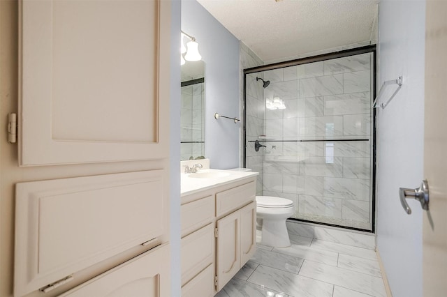 6436 Meadowlark Ln E, Watauga, TX 76148 - full bath with marble finish floors, a shower stall, toilet, vanity, and a textured ceiling