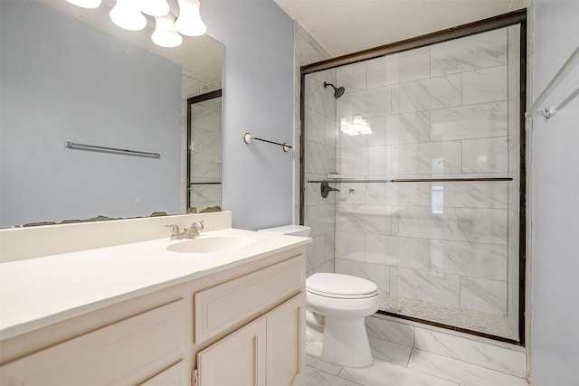 6436 Meadowlark Ln E, Watauga, TX 76148 - bathroom with marble finish floors, a stall shower, toilet, and vanity