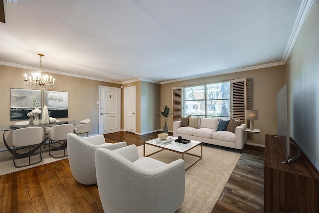 6070 Averill Way Unit A, Dallas, TX 75225 - living area featuring a chandelier, dark wood-style floors, and crown molding