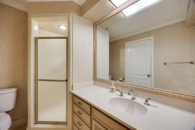 6070 Averill Way Unit A, Dallas, TX 75225 - full bath featuring wallpapered walls, ornamental molding, vanity, and a shower stall